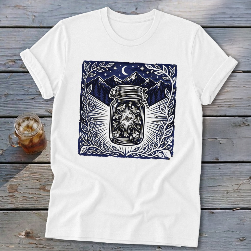 White t-shirt with a dark blue graphic of a mason jar filled with fireflies.