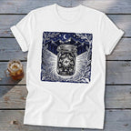White t-shirt with a dark blue graphic of a mason jar filled with fireflies.