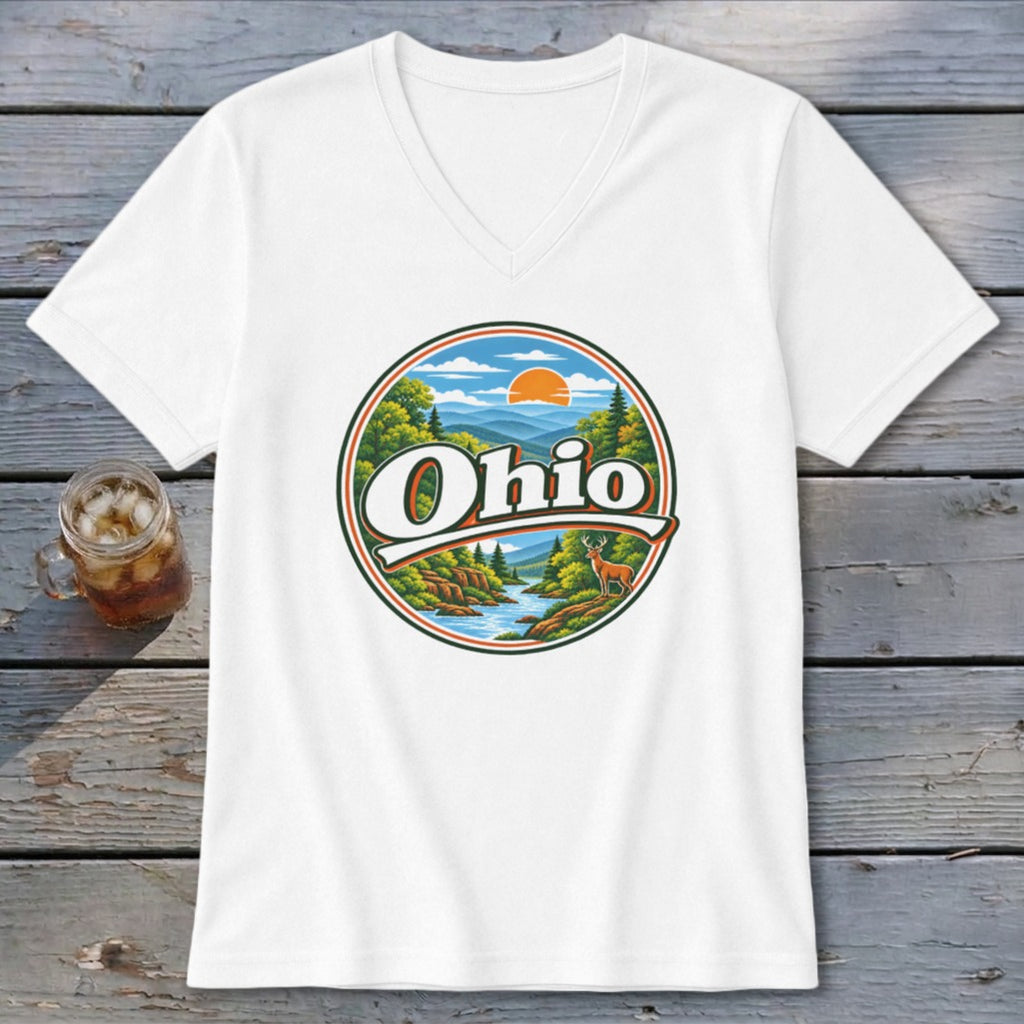 White t-shirt with circular Ohio nature scene featuring a deer, river, and mountains.