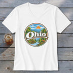 White t-shirt with circular Ohio nature scene featuring a deer, river, and mountains.