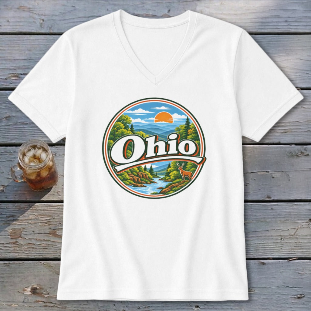 White t-shirt with circular Ohio nature scene featuring a deer, river, and mountains.