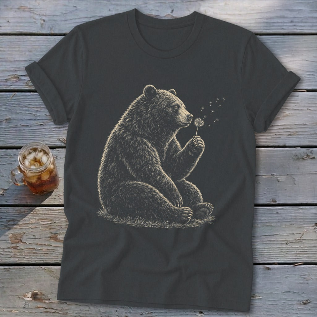 Dark gray t-shirt with a detailed illustration of a bear blowing on a dandelion.