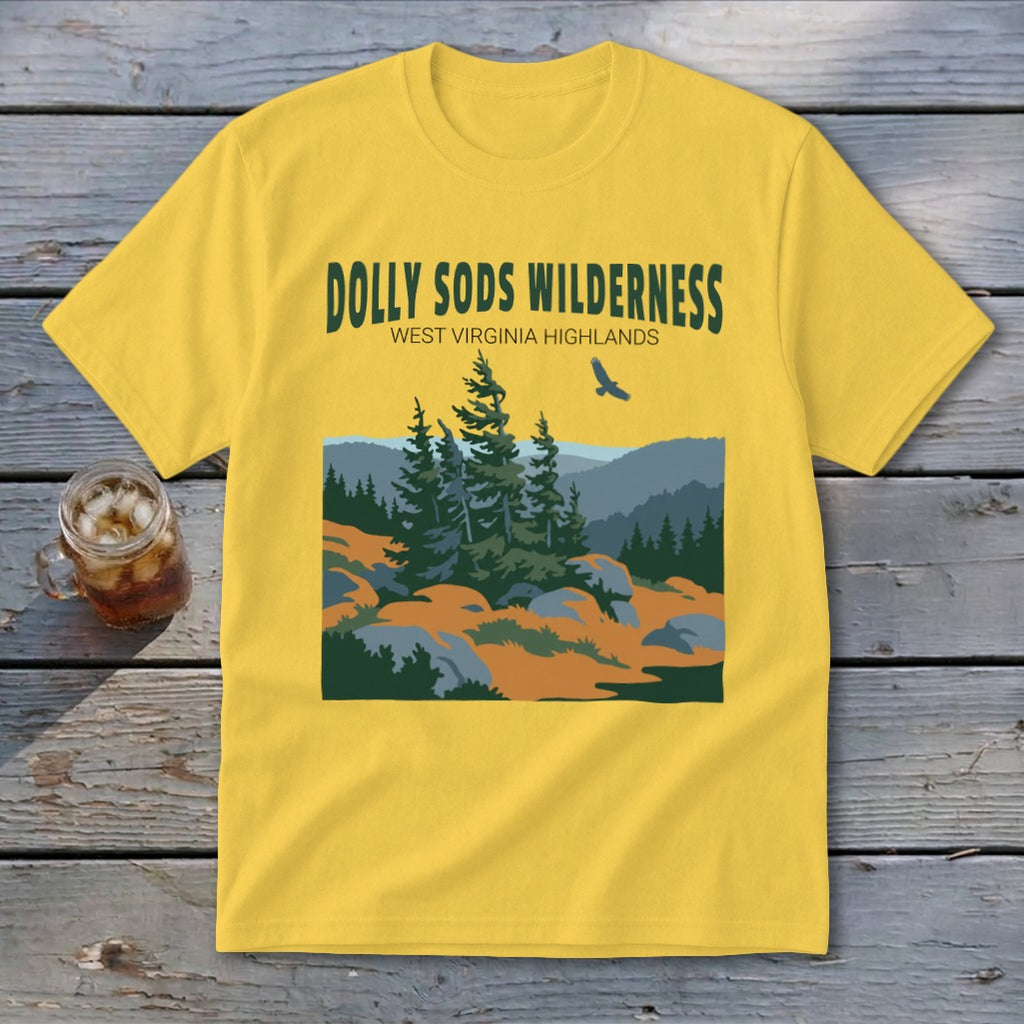 Yellow short-sleeve t-shirt featuring a screen-printed graphic of Dolly Sods Wilderness with evergreens and a bird.