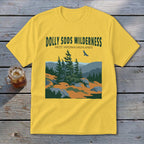 Yellow short-sleeve t-shirt featuring a screen-printed graphic of Dolly Sods Wilderness with evergreens and a bird.