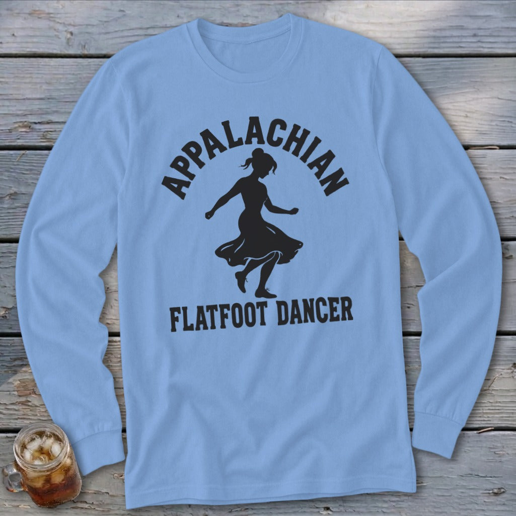 Light blue long-sleeved t-shirt featuring a black silhouette of a dancer and the text Appalachian Flatfoot Dancer.