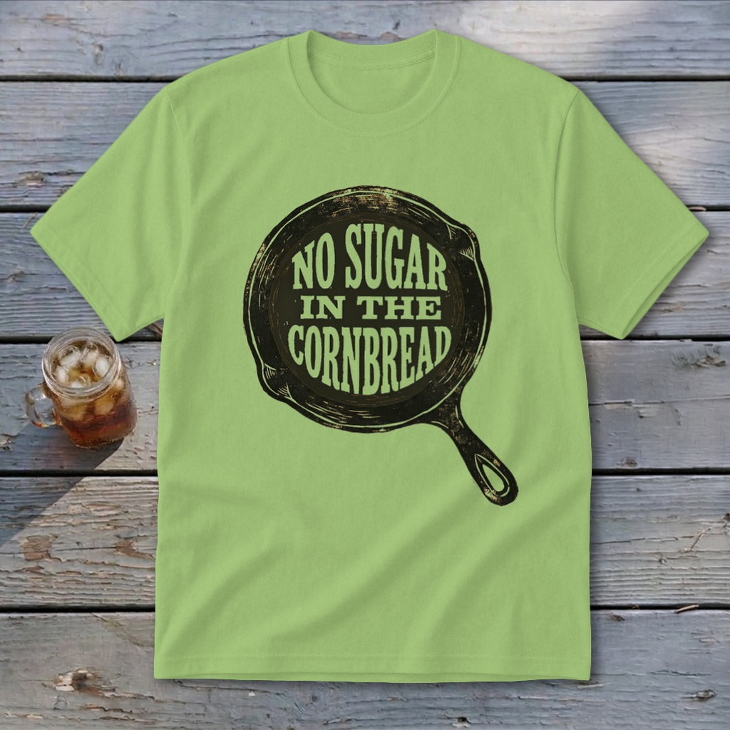 Light green t-shirt with skillet graphic reading "No Sugar in the Cornbread".