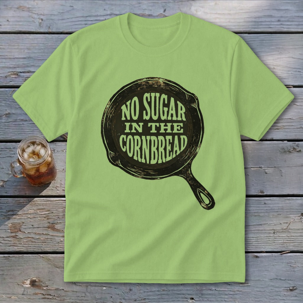 Light green t-shirt with skillet graphic reading "No Sugar in the Cornbread".