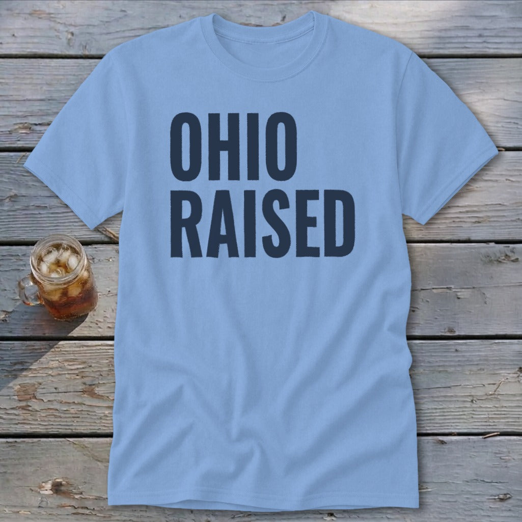 Light blue t-shirt with dark blue "OHIO RAISED" text.