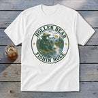 White t-shirt with a circular graphic of a bear fishing and text "Holler Bear Fishin' Hole".