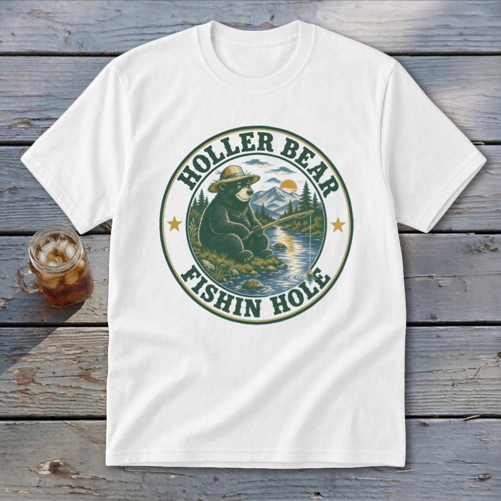 White t-shirt with a circular graphic of a bear fishing and text "Holler Bear Fishin' Hole".