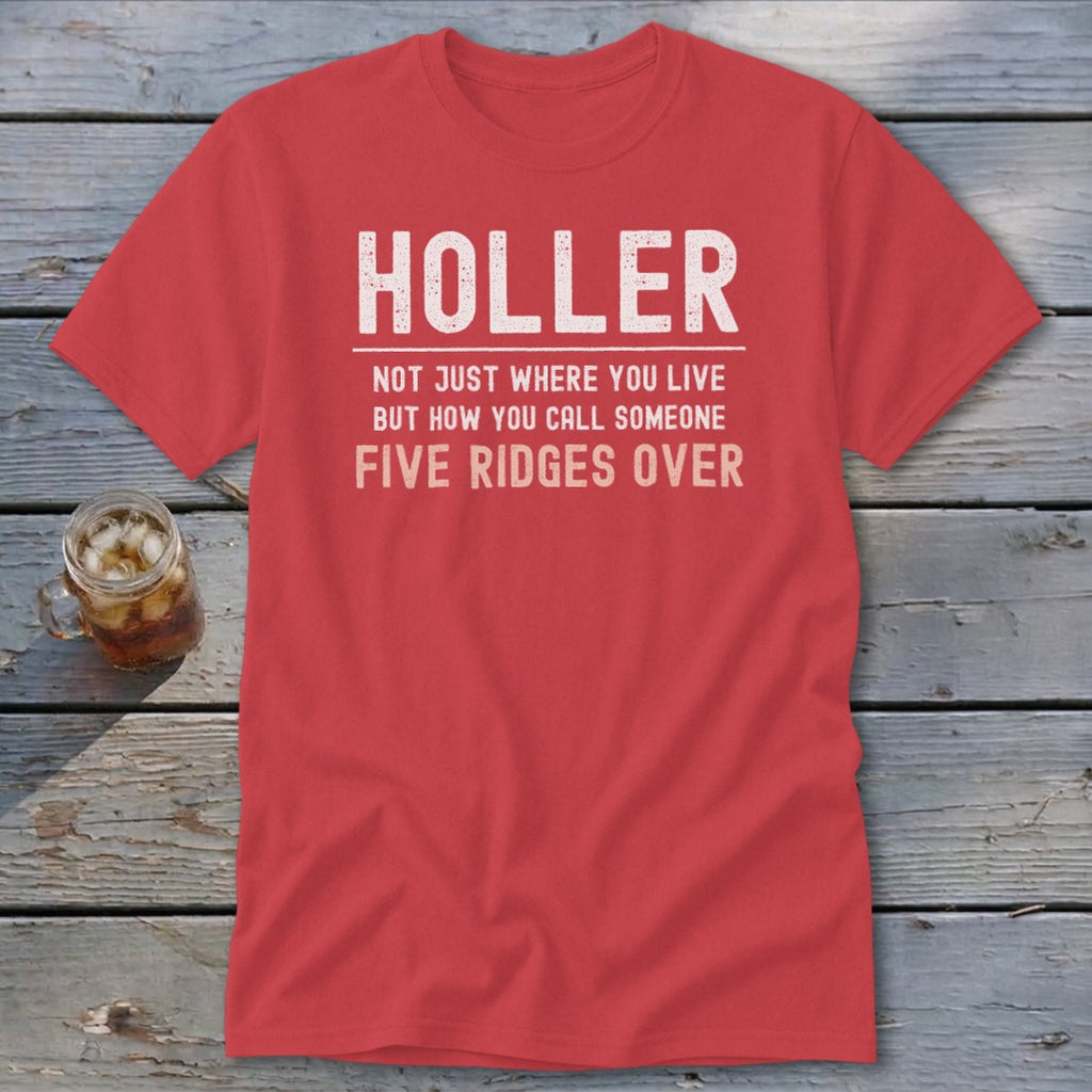 Red t-shirt with white and pink text reading "HOLLER".