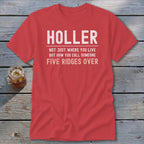 Red t-shirt with white and pink text reading "HOLLER".