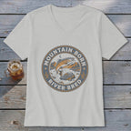 Light grey t-shirt with "Mountain Born River Bred" graphic featuring a jumping trout.