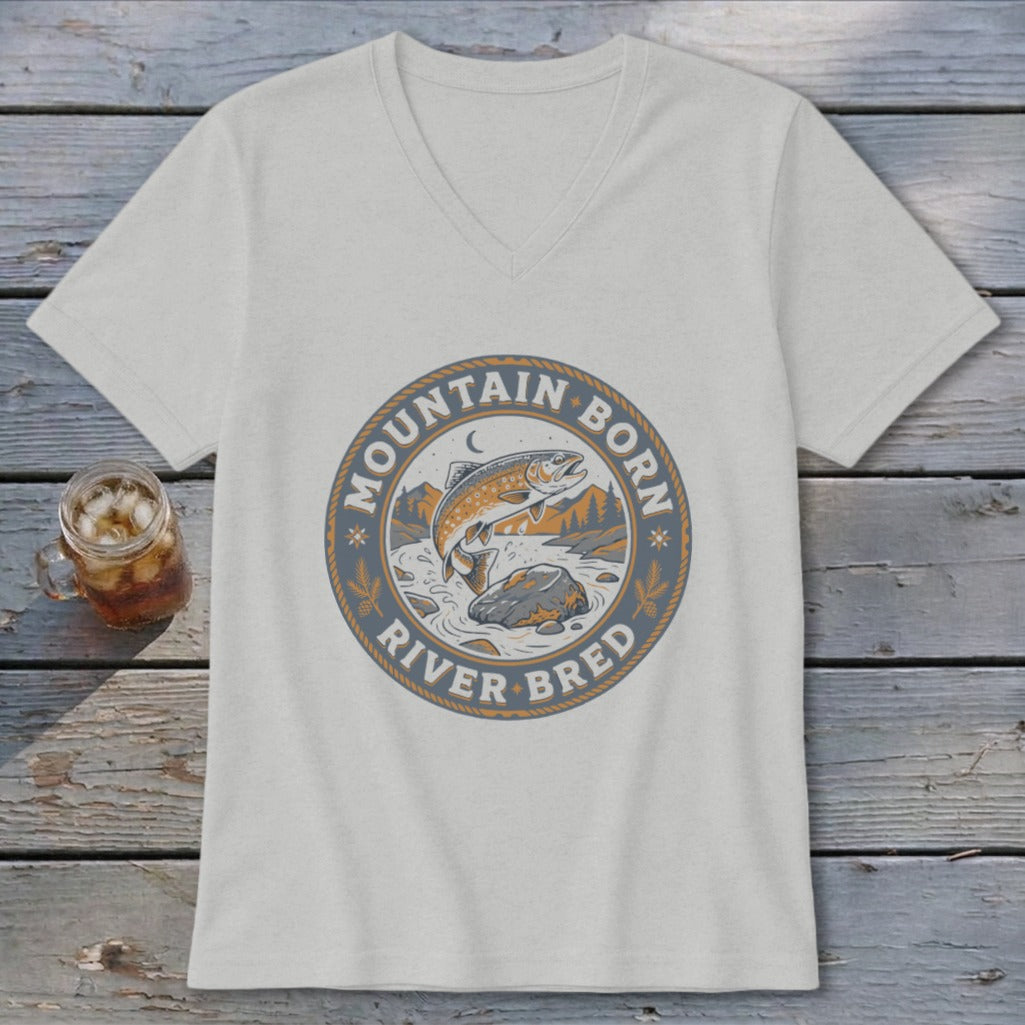Light grey t-shirt with "Mountain Born River Bred" graphic featuring a jumping trout.