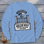 Light blue long-sleeve t-shirt with a graphic of a wooden porch and the text HOLLER WIFI? One bar, if you stand on the porch.