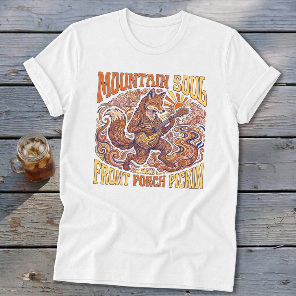 White t-shirt with a fox playing guitar, "Mountain Soul" and "Front Porch Pickin'" text.