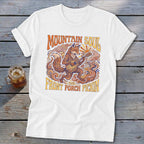 White t-shirt with a fox playing guitar, "Mountain Soul" and "Front Porch Pickin'" text.
