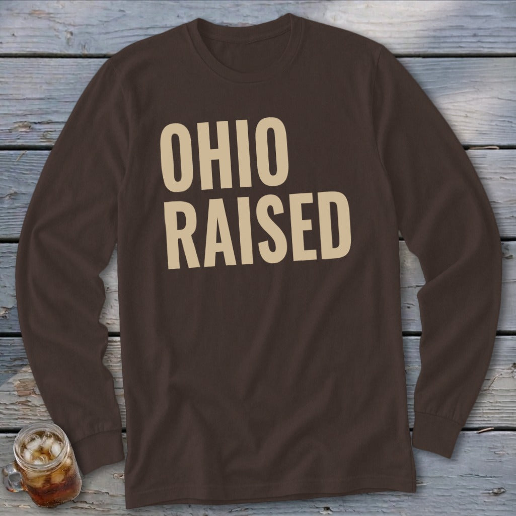 Brown long-sleeve shirt with "OHIO RAISED" in tan text.