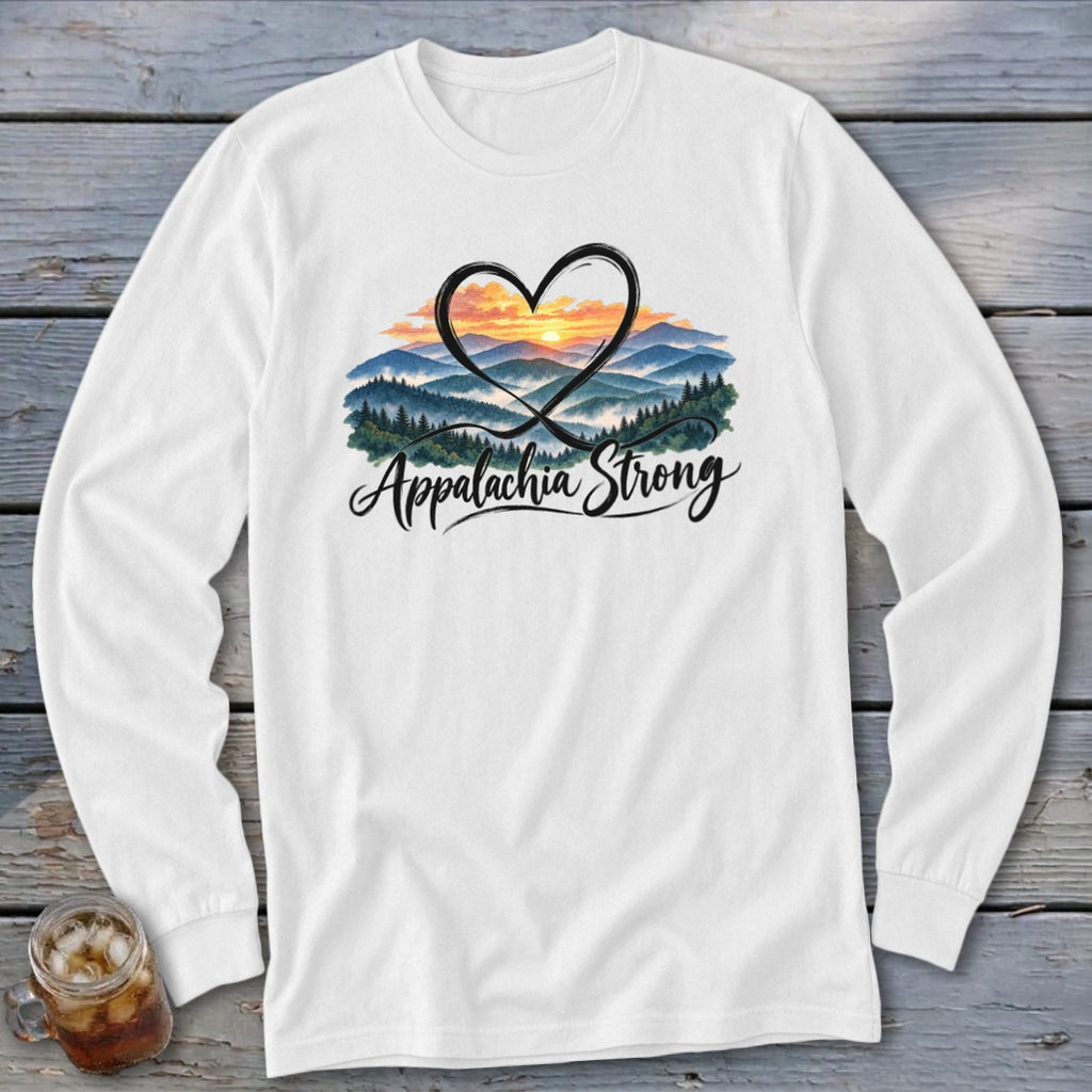 White long-sleeve shirt with a mountainous sunset scene within a heart and "Appalachia Strong" text.