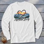 White long-sleeve shirt with a mountainous sunset scene within a heart and "Appalachia Strong" text.