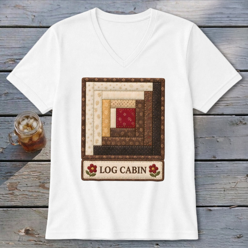 White v-neck t-shirt with a square log cabin quilt design and "LOG CABIN" text.