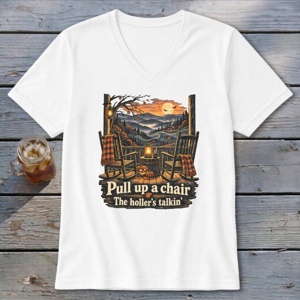 White t-shirt with "Pull up a chair" and "The holler's talkin'" text.