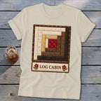 Cream t-shirt with log cabin quilt square design and "LOG CABIN" text.