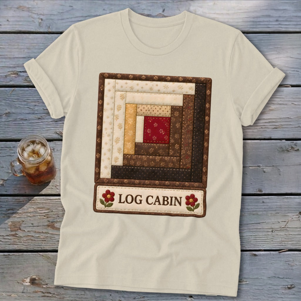 Cream t-shirt with log cabin quilt square design and "LOG CABIN" text.