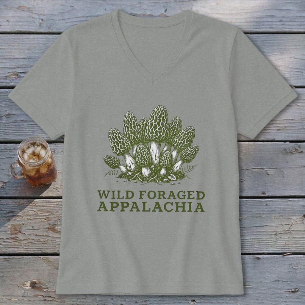 Gray t-shirt with a cluster of morel mushrooms and text "WILD FORAGED APPALACHIA".