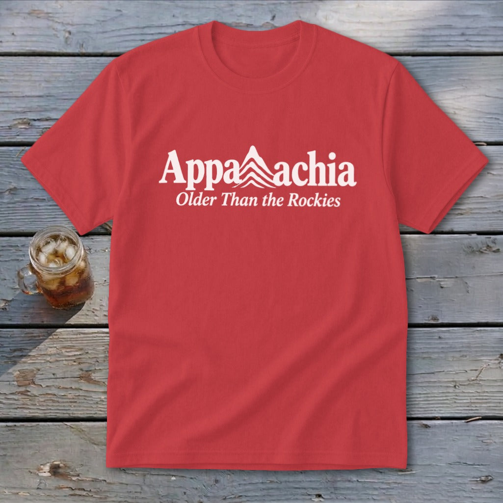 Red t-shirt with white text "Appalachia" and "Older Than the Rockies".