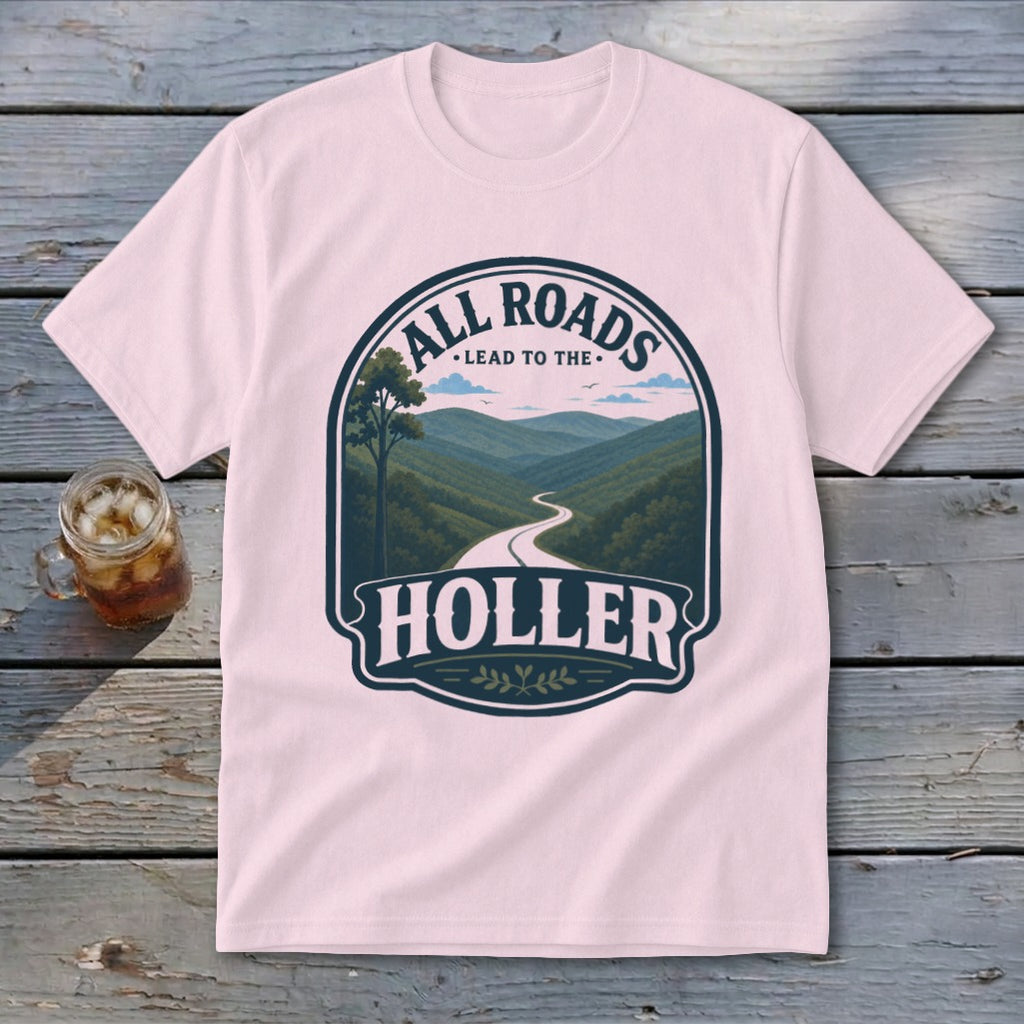 Pink t-shirt featuring "All Roads Lead to The Holler" with mountain road graphic.