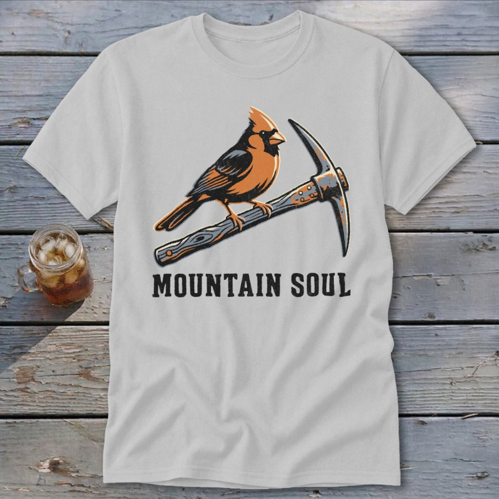 Cardinal perched on an ice axe with "Mountain Soul" text.