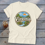 Cream t-shirt with a circular graphic featuring "Virginia" and a landscape with a deer.