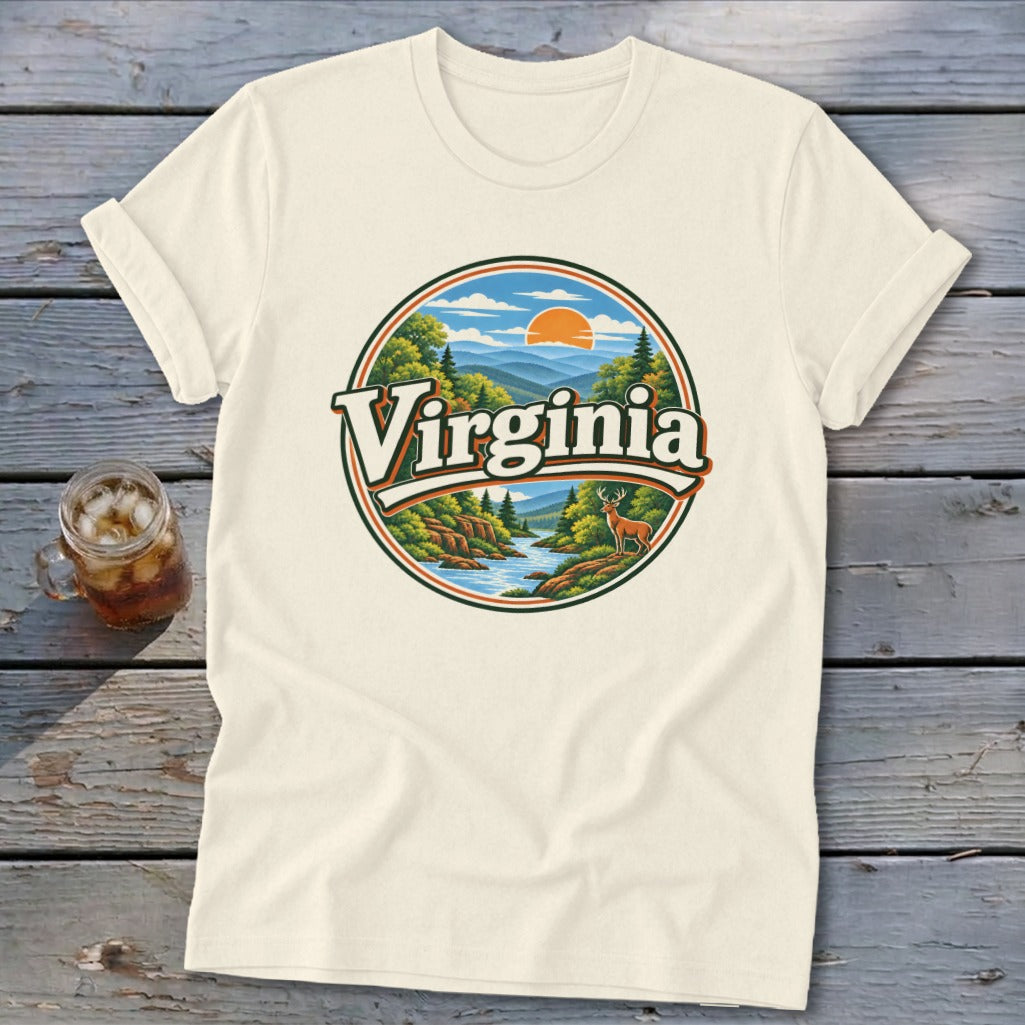 Cream t-shirt with a circular graphic featuring "Virginia" and a landscape with a deer.
