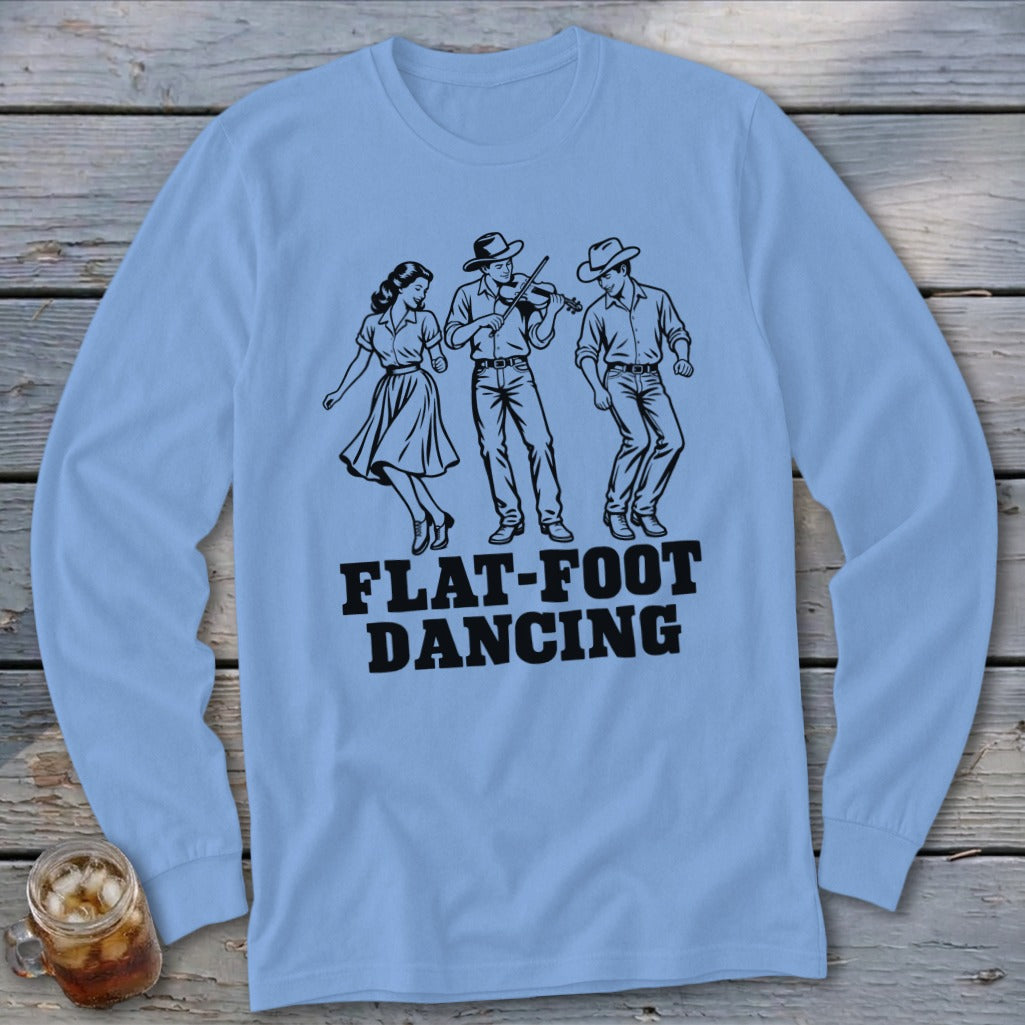Light blue long-sleeve shirt with black illustration of three dancers and the text "FLAT-FOOT DANCING".