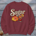 Maroon crewneck sweatshirt featuring a retro graphic with the word Sugar, cornbread with a red X, and iced tea with a green checkmark.