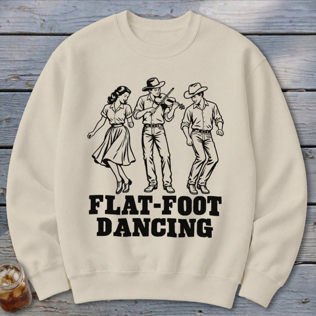 Flat-foot dancing graphic with a fiddler and two dancers on a cream sweatshirt.
