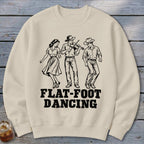 Flat-foot dancing graphic with a fiddler and two dancers on a cream sweatshirt.