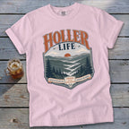 Pink t-shirt with "Holler Life" mountain graphic and text.