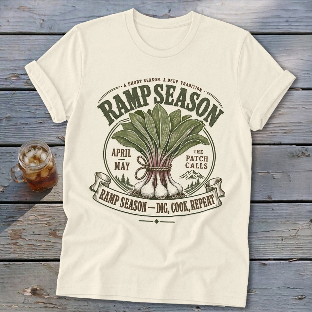 Ramp Season t-shirt with illustration of ramps and text "Ramp Season - Dig, Cook, Repeat".