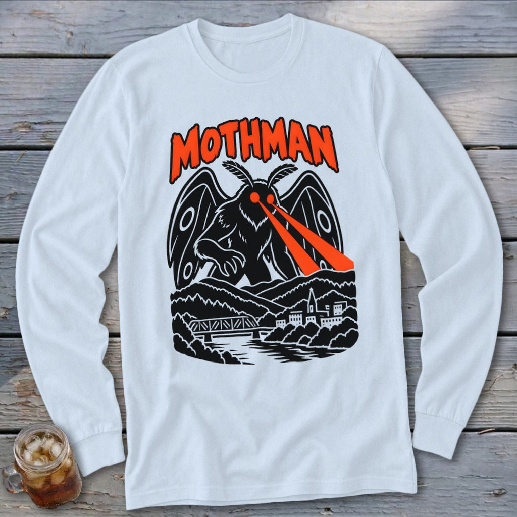 White long-sleeve shirt with Mothman graphic and orange text.