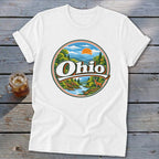 White t-shirt with circular Ohio graphic featuring landscape, deer, and river.