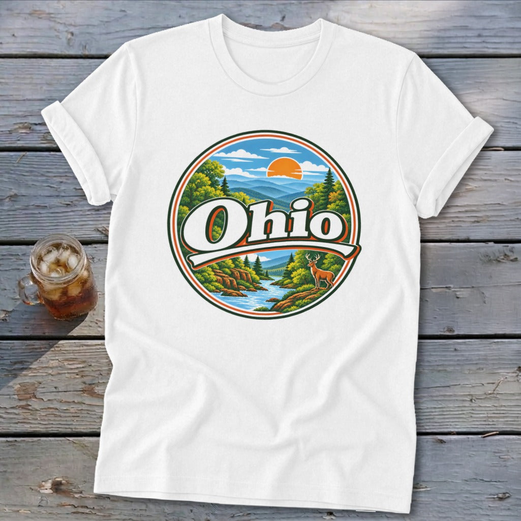 White t-shirt with circular Ohio graphic featuring landscape, deer, and river.