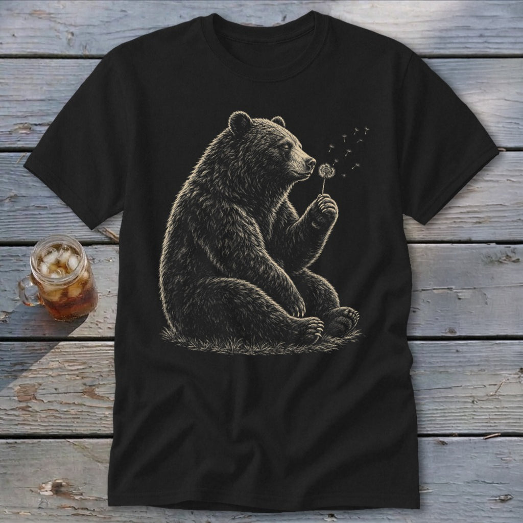 Black t-shirt with a detailed illustration of a bear blowing on a dandelion.
