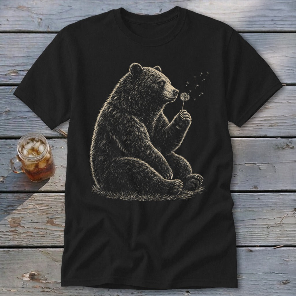 Black t-shirt with a detailed illustration of a bear blowing on a dandelion.