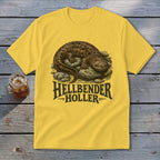 Yellow t-shirt with Hellbender Holler graphic featuring a hellbender salamander illustration.