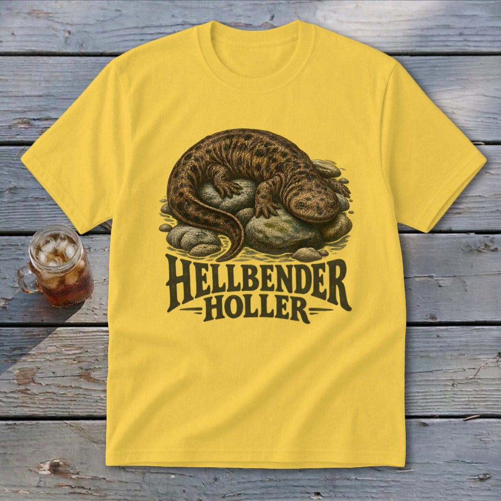 Yellow t-shirt with Hellbender Holler graphic featuring a hellbender salamander illustration.