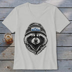 T-shirt with a black and white illustration of a raccoon wearing a beanie and a mountain patch.