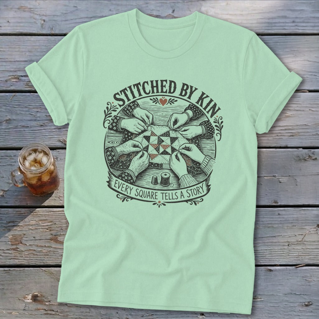 T-shirt graphic of hands sewing a quilt, with text "Stitched by Kin Every Square Tells a Story".