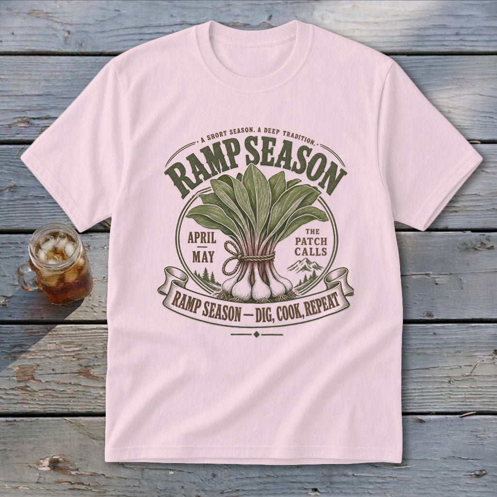Pink t-shirt with a "Ramp Season" graphic featuring onions and leaves.